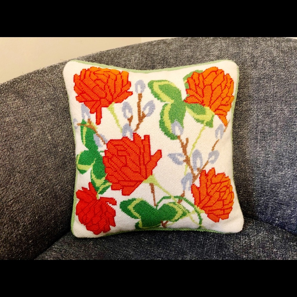 Vintage Cross Stitch Boho Rose Throw Pillow